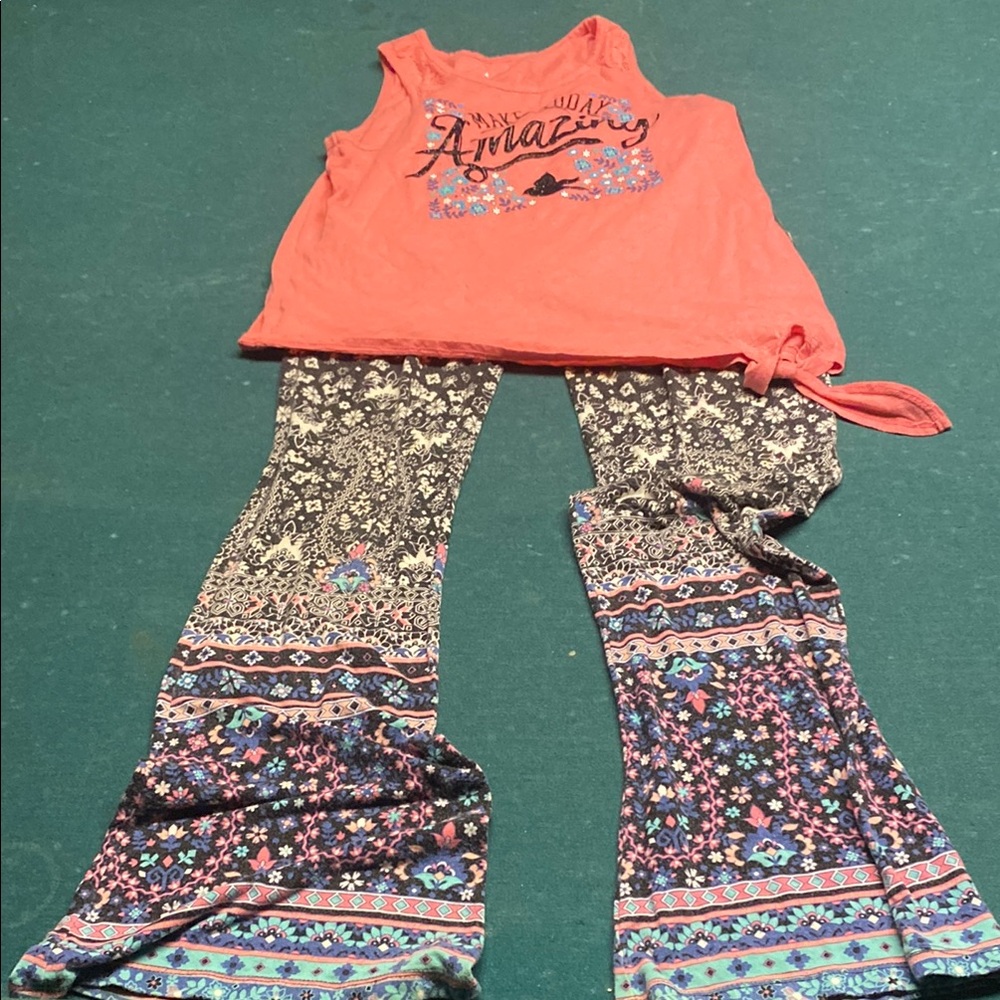 Coral Graphic Tank Top and Patterned Pants Set